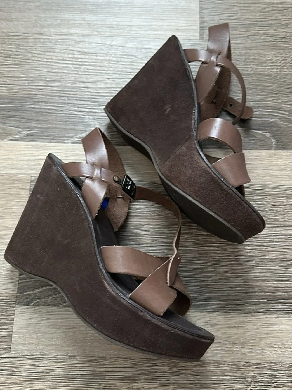 Kork-Ease Brown Leather Wedge Sandals with Ankle Strap